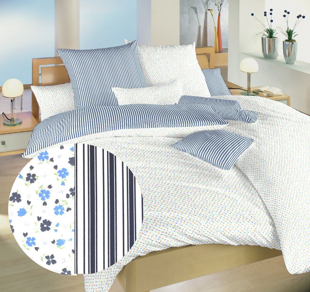 V kombinácii farieb modrá a biela kvalitné bavlnené posteľná bielizeň Kvetinky modré / Prúžky modré. Dadka