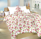 Jemné saténové obliečky s ružovým kvítí na bielom podklade, | 140x200, 70x90 cm