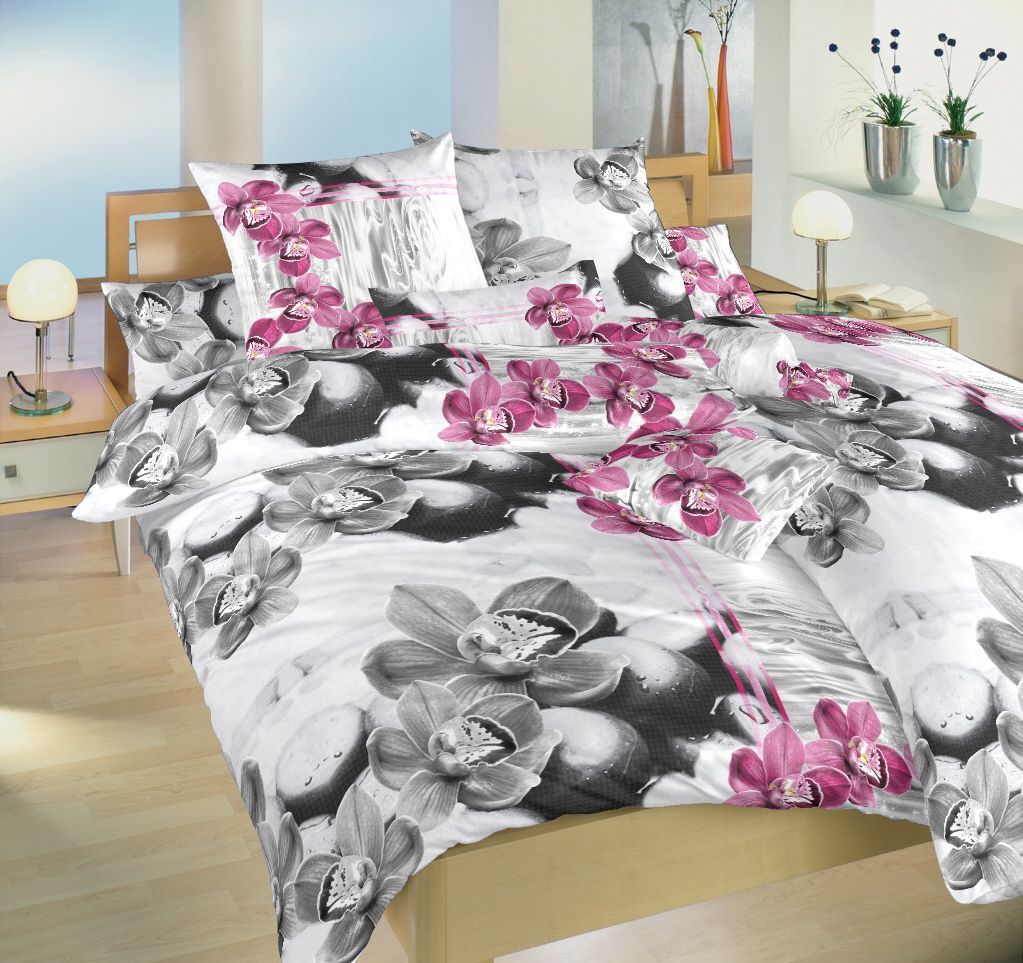 S motívom kvetov do šedej farby ladené kvalitné bavlnené posteľné obliečky Orchidea 3D, Dadka