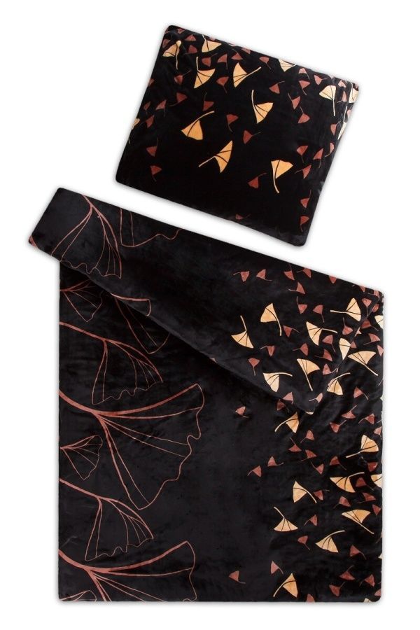 Mikroflanelové posteľné obliečky s lístkami Ginkga v čiernej farbe, Svitap